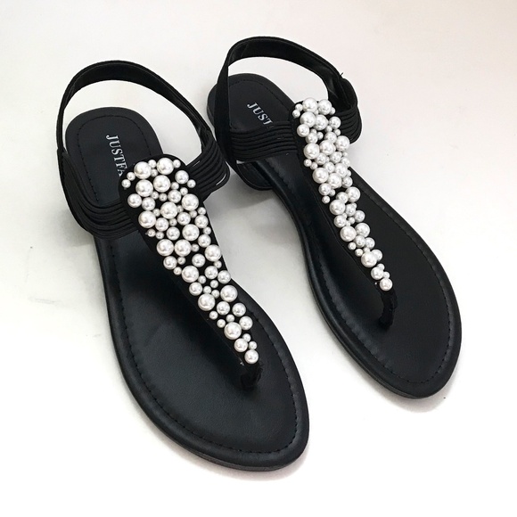 JUSTFAB Embellished Sandals Black White Flat Sandals Adara Womens Size 8.5 - Picture 1 of 15